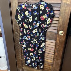 Lauren Ralph Lauren Womens Dress Black Floral Twist Front Short Sleeve Size 14